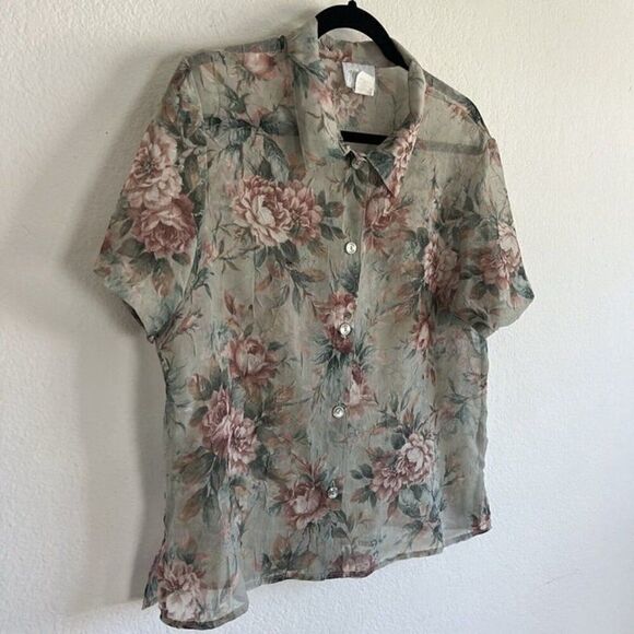 Blair Vintage 90s Women’s Semi Sheer Green Floral Button Front Blouse Size 16P - Picture 9 of 10